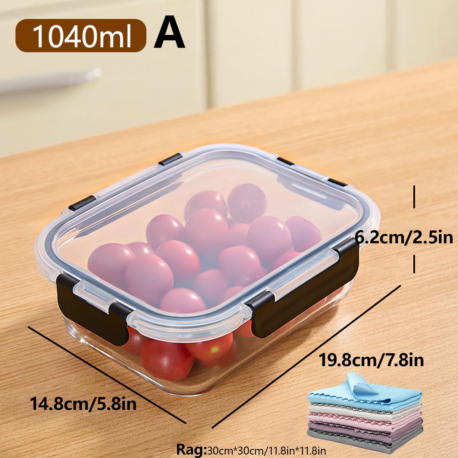 Genérico Cristal Hermetico para Almacenamiento de Alimentos de 36 Onzas (1040ml) - Cajas de Comida y Almuerzo a Prueba de Fugas, Aptas para Horno, Microondas,Negro,10 PCS A
