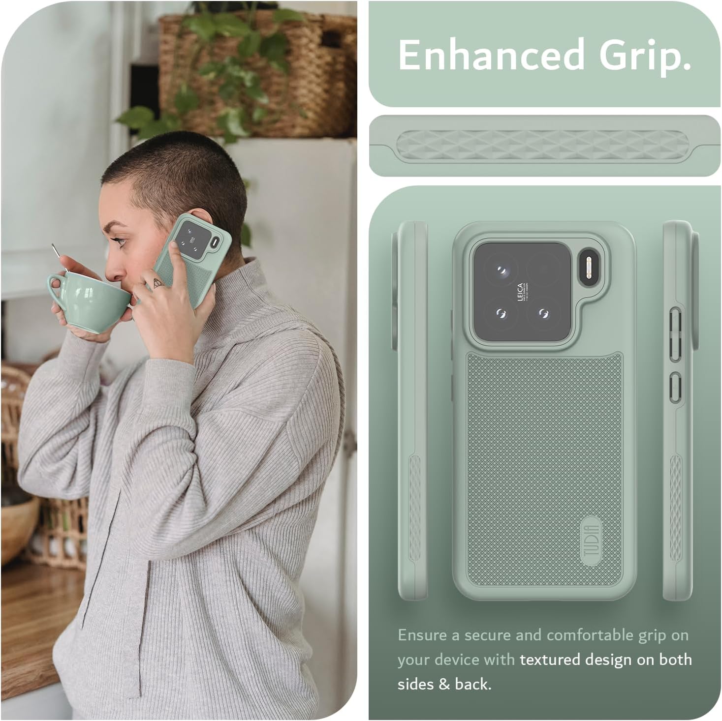 TUDIA DualShield Grip Designed for Xiaomi 15 5G Case (2025), [MergeGrip] Military Grade Dual Layer Shockproof Slim Tough Heavy Duty Protective Phone Case Cover (Green Lily, Basic)