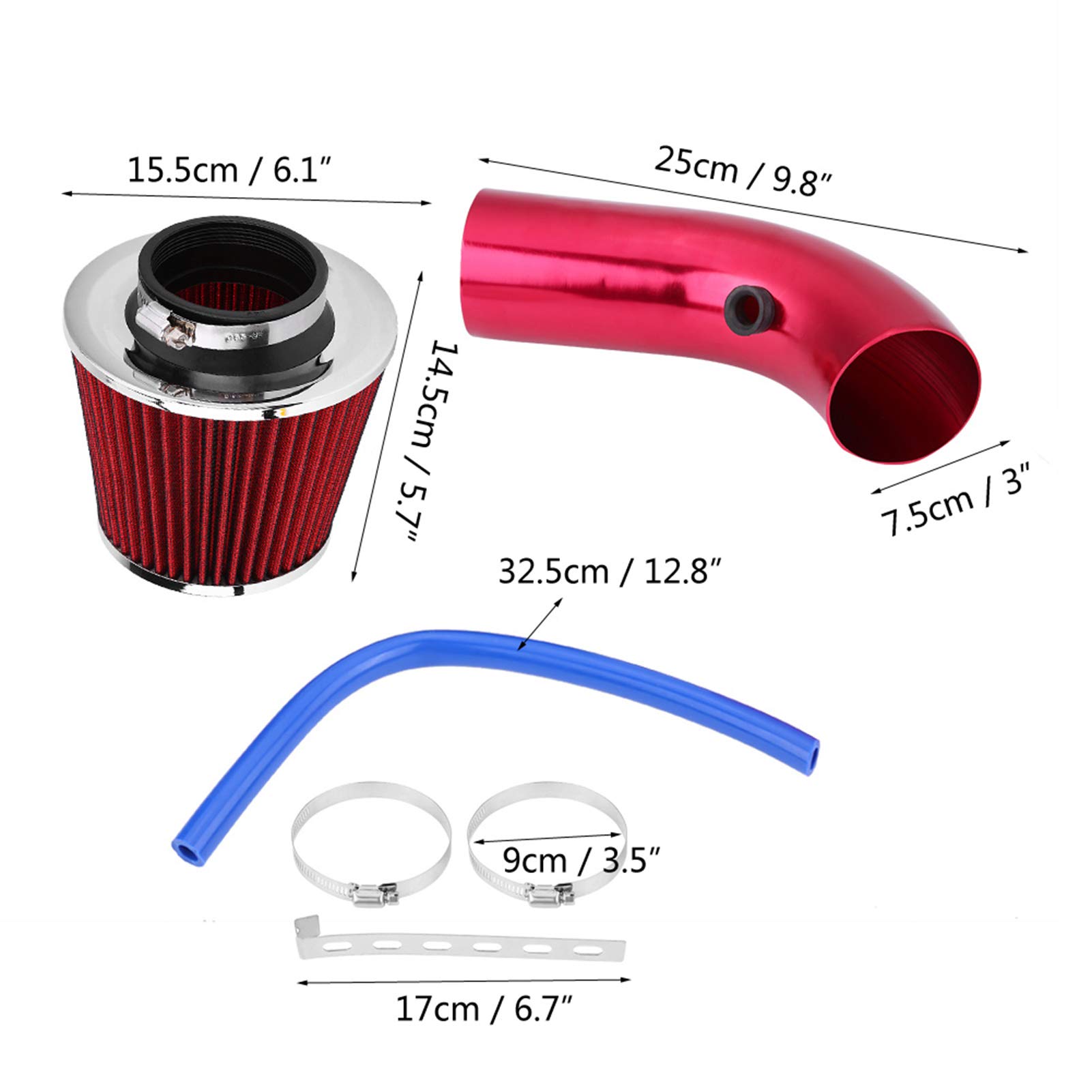 76mm Filtr Powietrza, 3-calowy Uniwersalny Zmodyfikowany Samochód Aluminiowy Filtr Dolotowy Zimnego Powietrza Zestaw Węża Dolotowego Silnika(czerwony)
