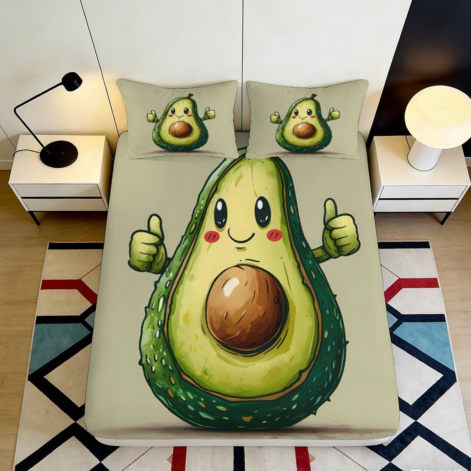 3D Printed Cartoon Avocado Fitted Sheet Microfiber Soft Breathable Cute Fruit Bed Cover for Bedroom Dorm Decor Mattress Protection 90x200x25cm