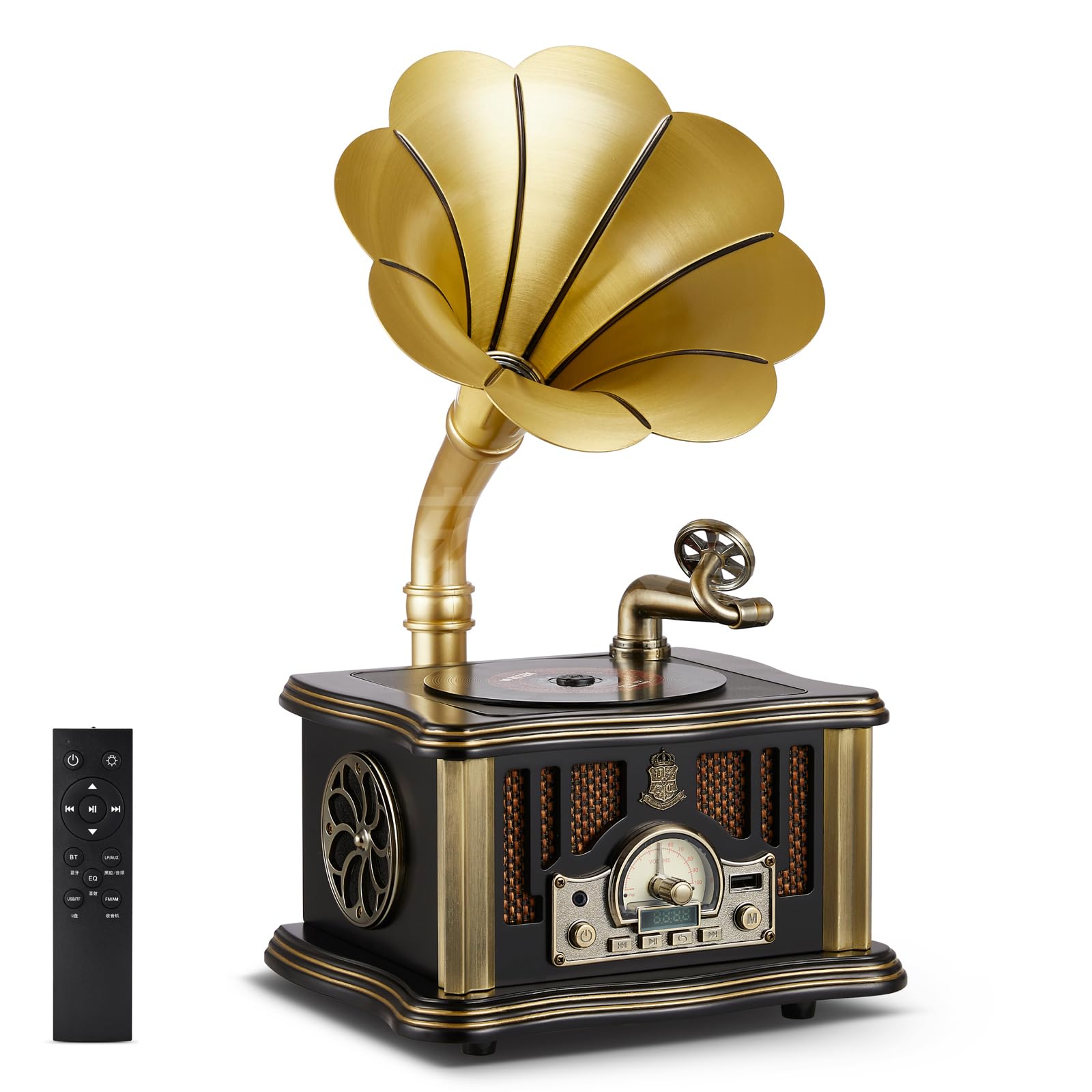 Retro Vintage Gramophone-Style CD Player, 5.3 Bluetooth Gramophone Record Player with Remote Control HiFi Sound, USB, 3.5mm Audio Output for Music Player/Home Decoration/Retro Collection/Gift(Black)