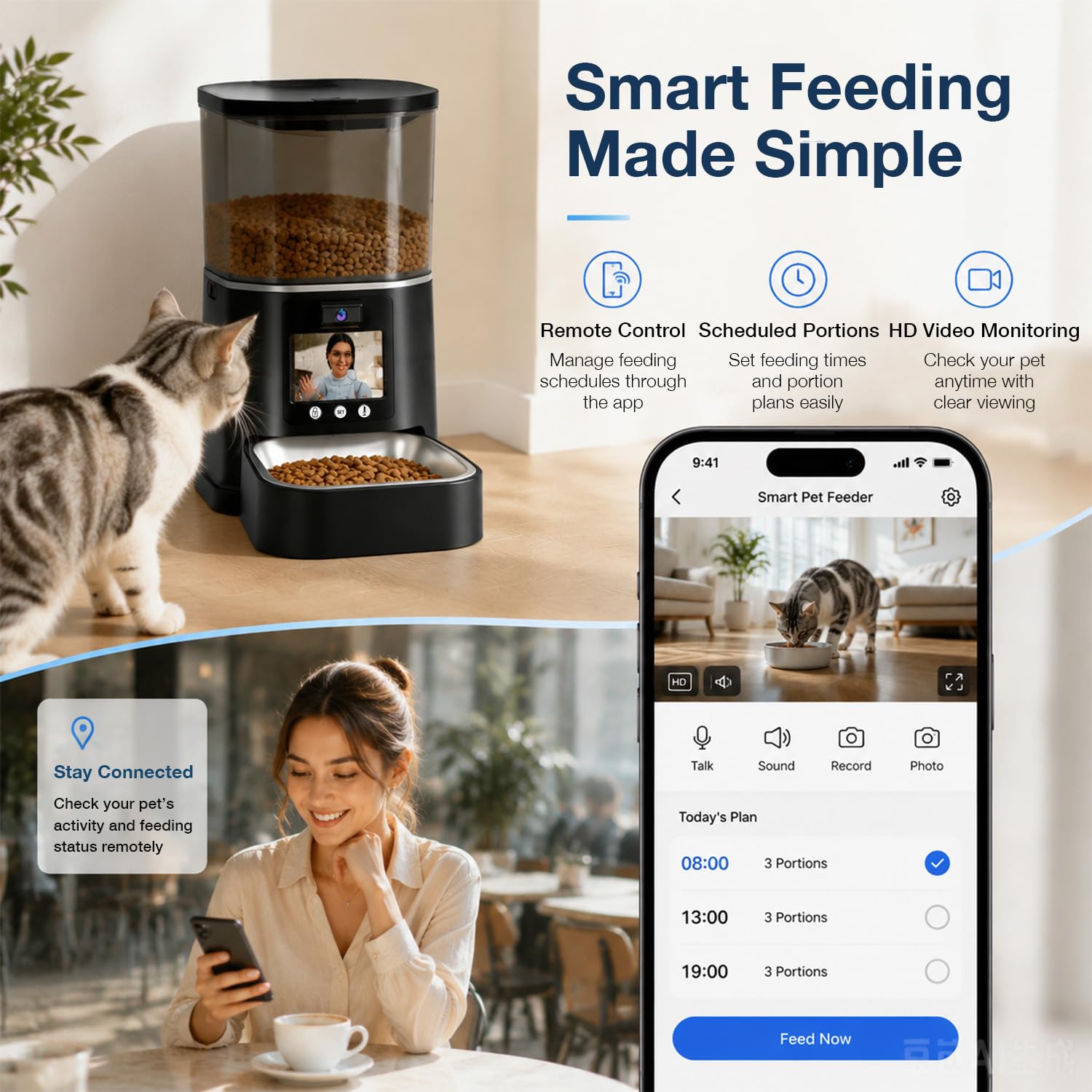 Distributore Automatico per Gatti con Telecamera 5L WiFi e App (Nero） | Videochiamata bidirezionale, audio a due vie, acquisizione AI, pasti programmati e visione notturna per cani e gatti