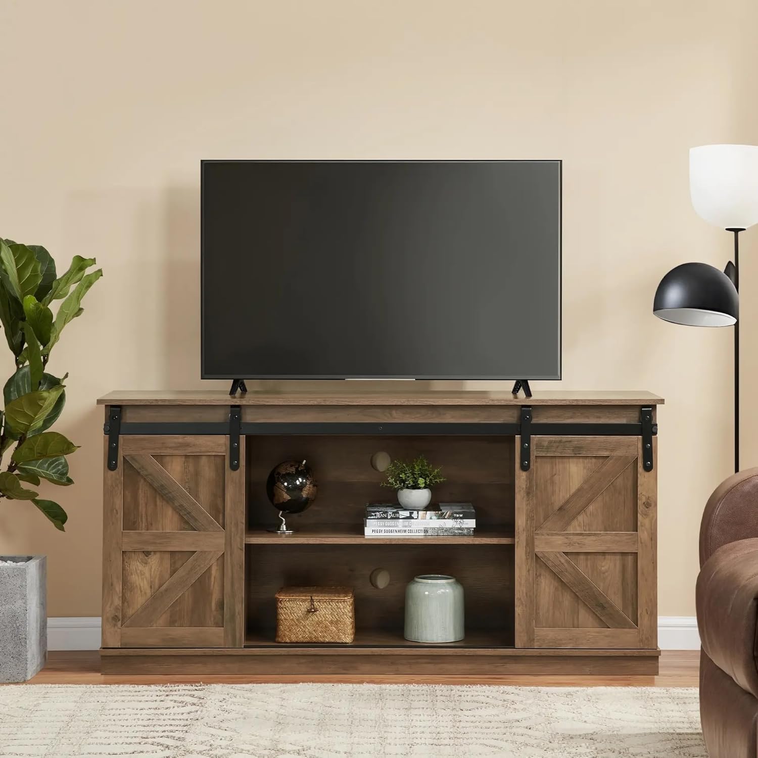 SANODESK 58″ Farmhouse TV Stand and Entertainment Center for Televisions up to 65 Inchs,with Sliding Barn Doors and Storage Cabinets,Natural Brown SANODESK 58″ Farmhouse TV Stand and Entertainment Center for Televisions up to 65 Inchs,with Sliding Barn Doors and Storage Cabinets,Natural Brown