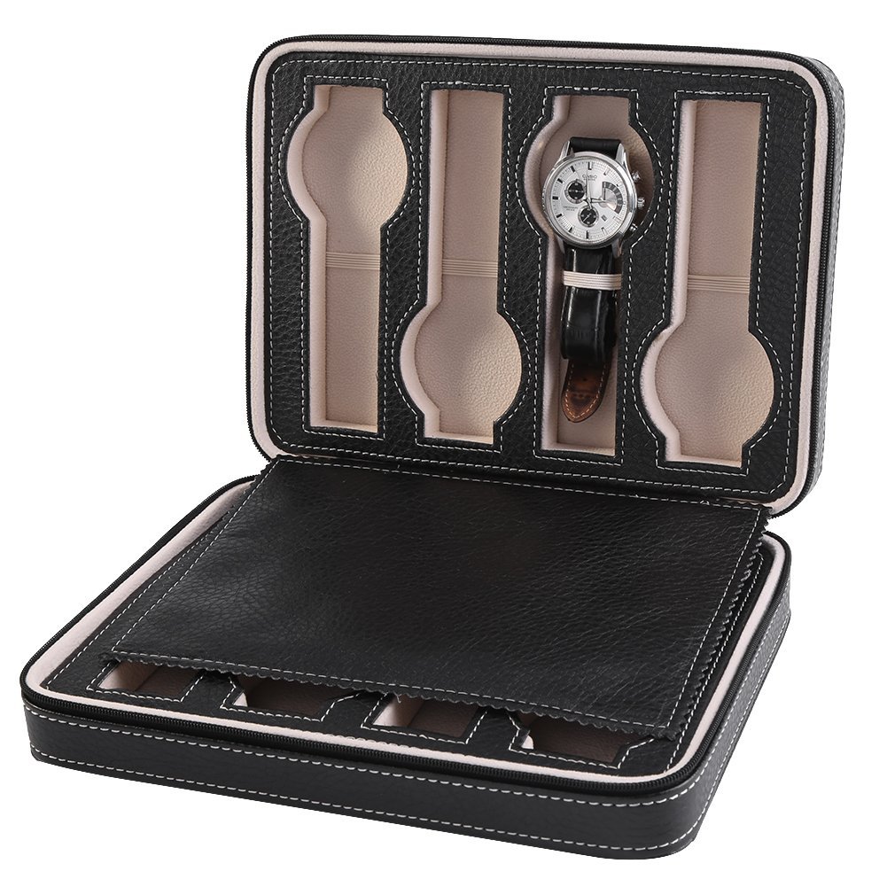 Guarda la Scatola Porta Orologi 8 Griglie - Portatile con Cerniera per Immagazzinamento ed Esposizione di Braccialetti e Gioielli - Organizzatore da Viaggio per Collezionisti (Nero)