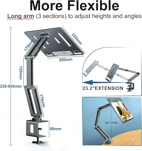 Miniatura 3 de Soporte para computadora portátil para escritorio, soporte de brazo para tableta con rotación de 360, bandeja de aluminio ajustable para laptop,
