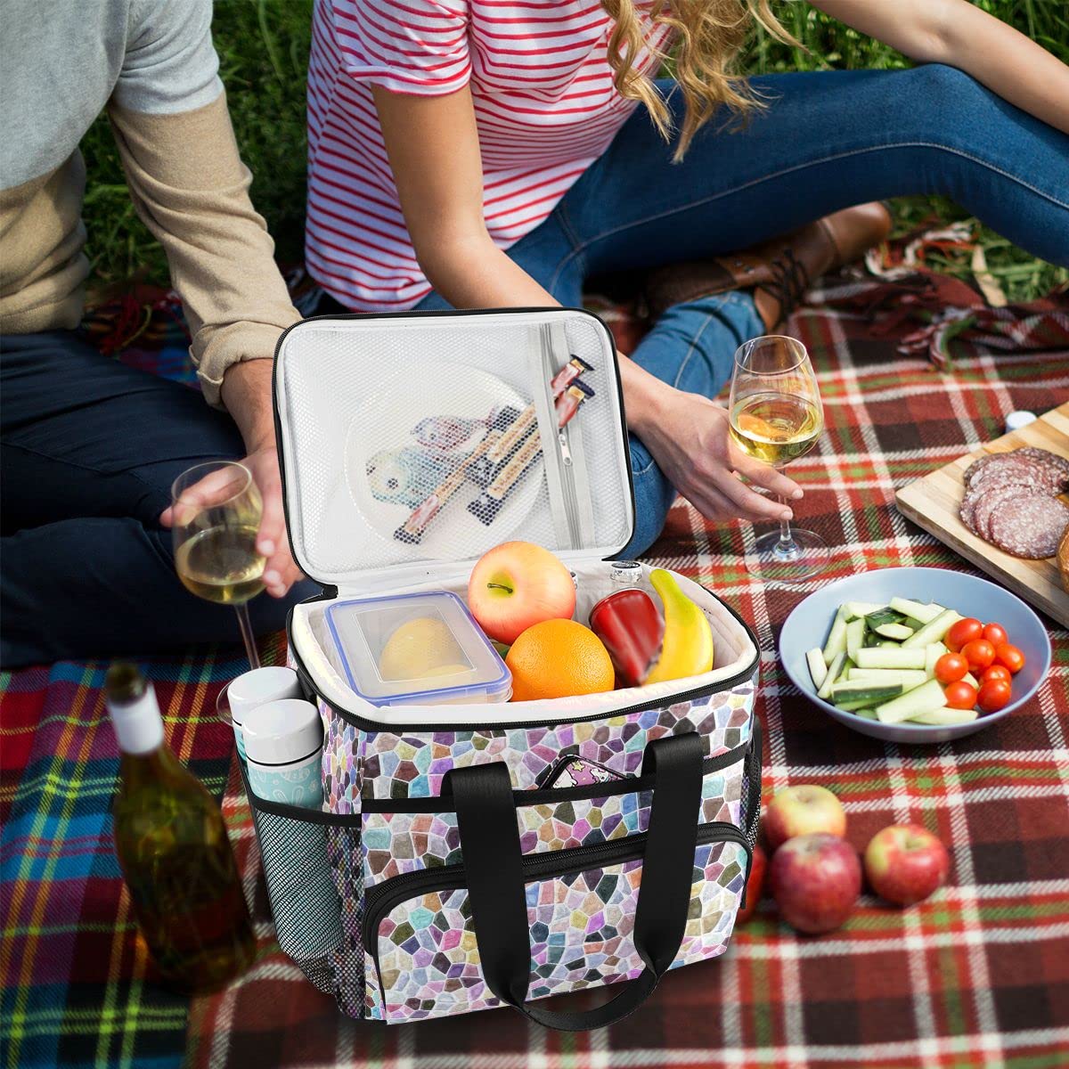 Bolsa de picnic de 15 L, 24 latas, bolsa de almuerzo aislada con mármol, bolsas para viajes, camping, barbacoa, actividades al aire libre, asas, correa para el hombro