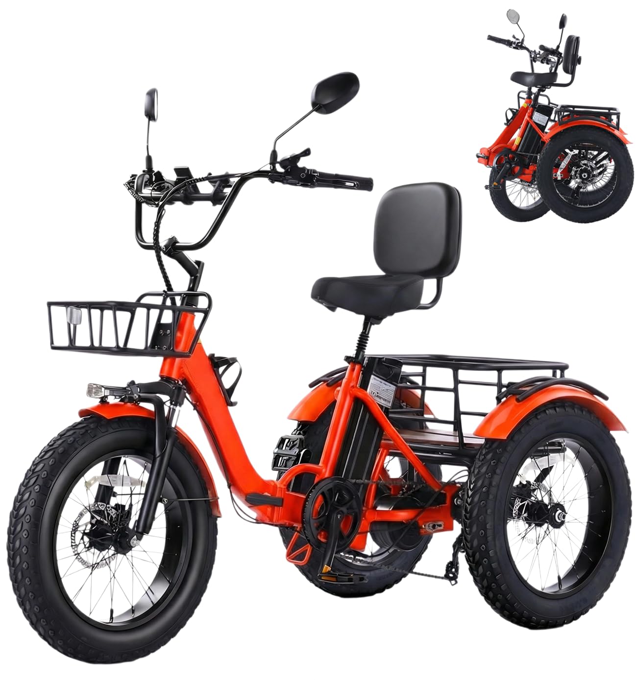 Elektro-Dreirad für Erwachsene & Senioren – Faltbar, 20"x4" Fat Tires, 250W Motor, 48V 18Ah Akku, Bis 90 km Reichweite, Differential & Parkbremse, Front- & Heckkorb