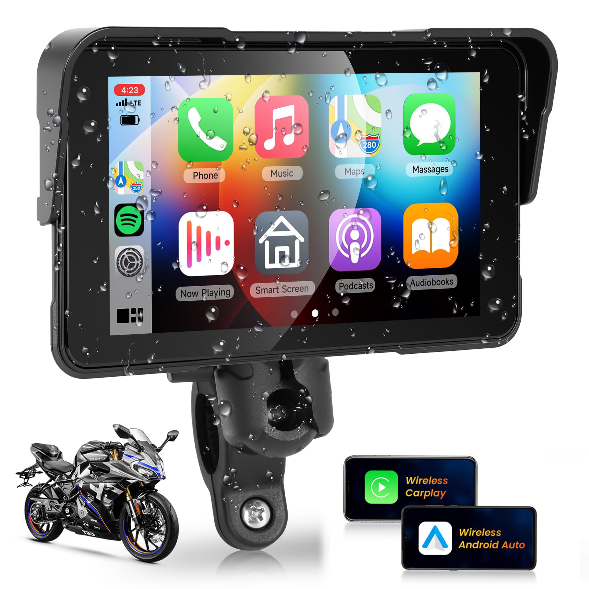 CarPlay Wireless per moto 5 pollici IPS Touchscreen Wireless Android Auto, touch screen impermeabile portatile Car Play, GPS CarPlay per moto, controllo vocale di sicurezza, controllo della pressione