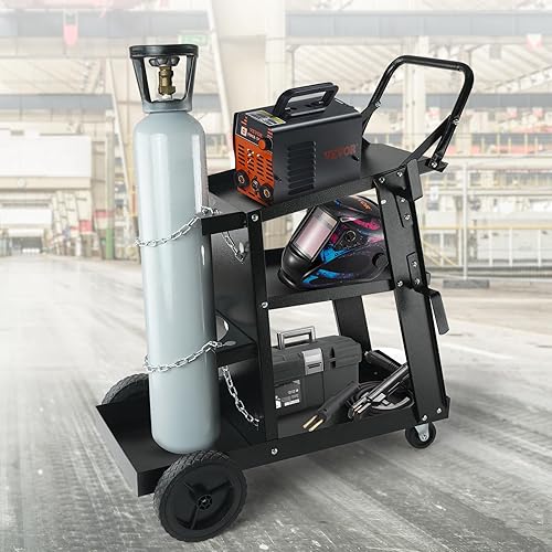 Vista 18 de VEVOR Carro de soldadura, carrito de soldador de 2 cajones resistente con gabinete antirrobo, capacidad de peso estático de 350 libras, ruedas