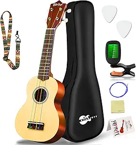 Everjoys Soprano Ukulele Beginner Pack-21 Inch w/Rainbow String Free Online Lesson Gig Bag Fast Learn Songbook Digital Tuner Pick All in One Kit
