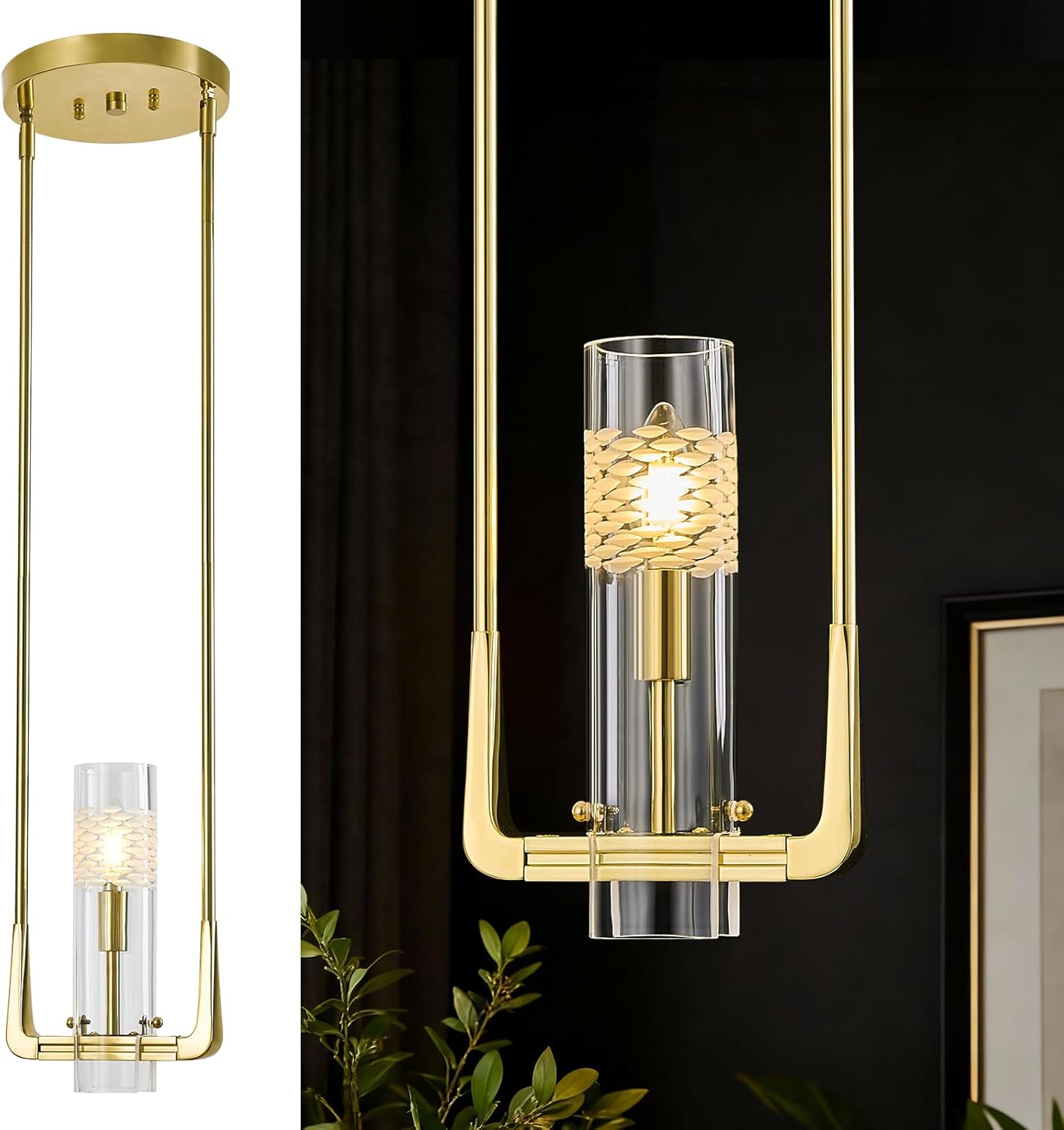 Modern Brass Pendant Light, 10.63'' Glass Pendant Light Fixture, Gold Pendant Lights Kitchen Island, 1-Light Adjustable Height Brass Hanging Lights, for Kitchen, Dining Room, Bathroom