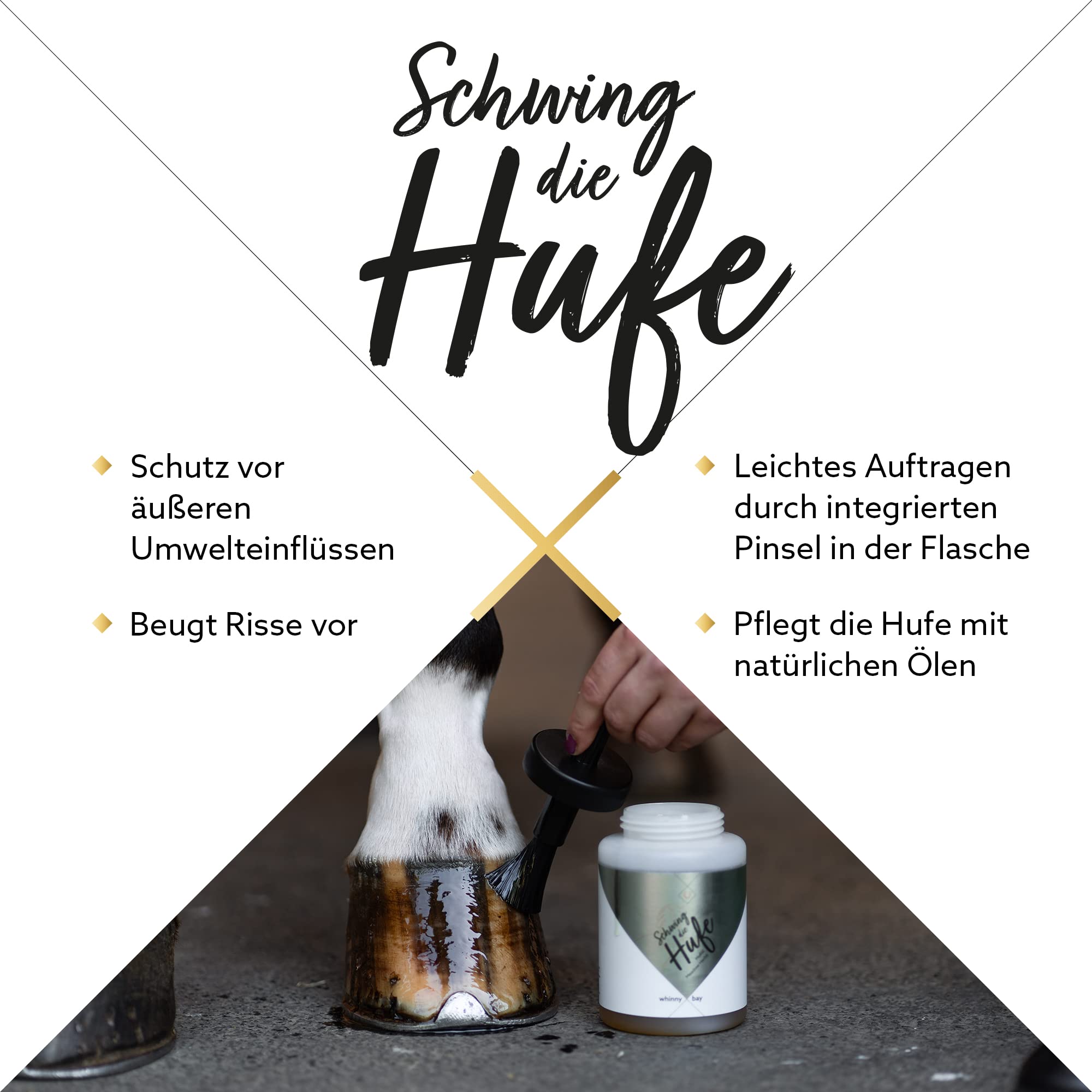 Huföl Schwing die Hufe – natürliches Huföl mit Pinsel und Kräuterduft | Hufpflege zur Stärkung, Feuchtigkeitsversorgung & Schutz, 450ml