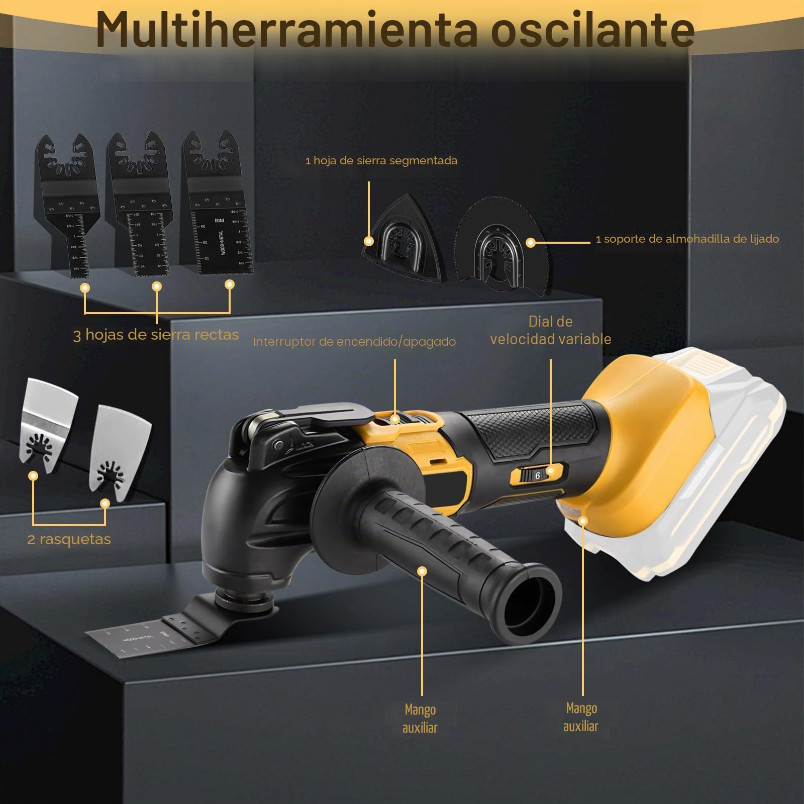 Herramienta Oscilante para batería 20 V, herramienta oscilante multifuncional sin escobillas con 6 velocidades con 23 accesorios para cortar, tallar, lijar y taladrar, sin batería