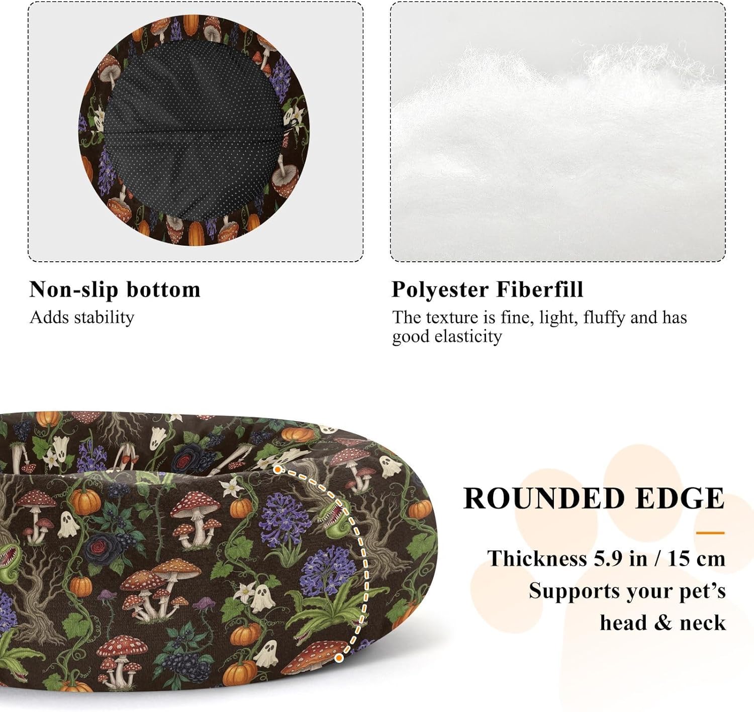 Pet Dog Bed Warm & Soft Fluffy Dog Pillow Bed for Medium Size Pets Sleeping M Vintage Mushrooms Pumpkins