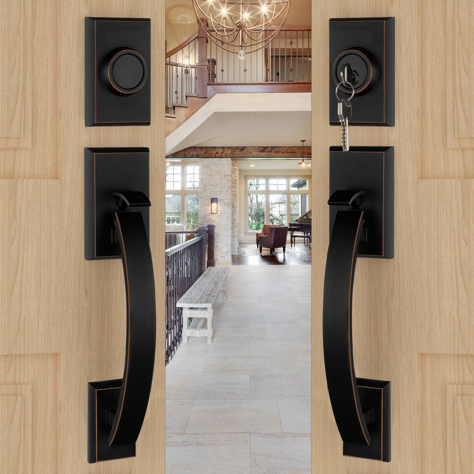 Photo 1 of Goldenwarm Double Front Door Lock Set, Oil Rubbed Bronze Double Door Handle with Dummy, Double Front Door Hardware Set with Reversible Handle Lever