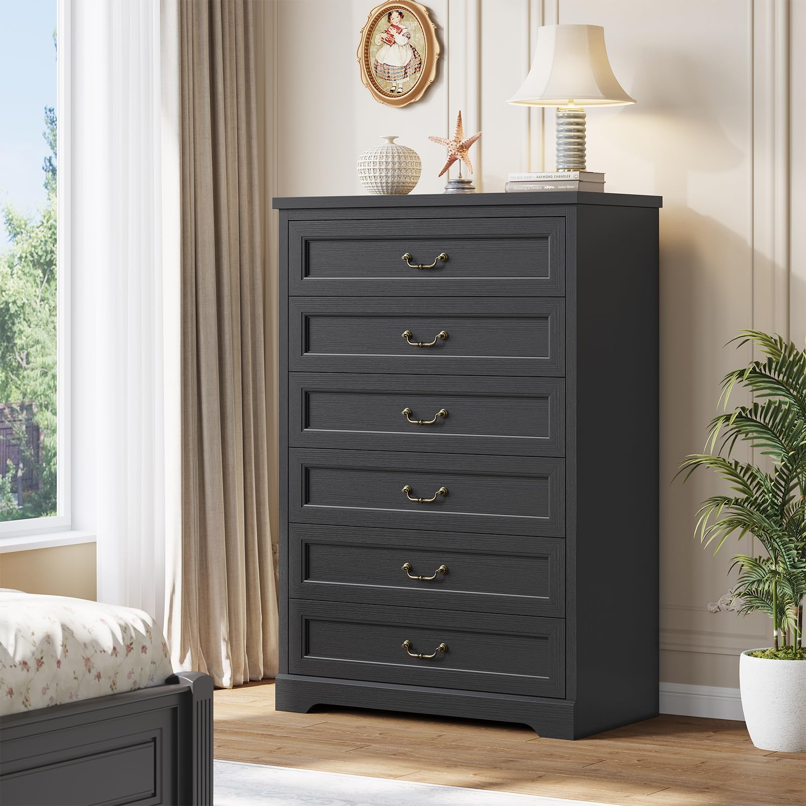 Hasuit Farmhouse 6 Drawer Dresser for Bedroom, 51.3" Tall Wood Dressers Chest of Drawer, Rustic Storage Cabinet Organizer with Large Drawer and Vintage Handle, Black Dresser for Bedroom Closet Hallway