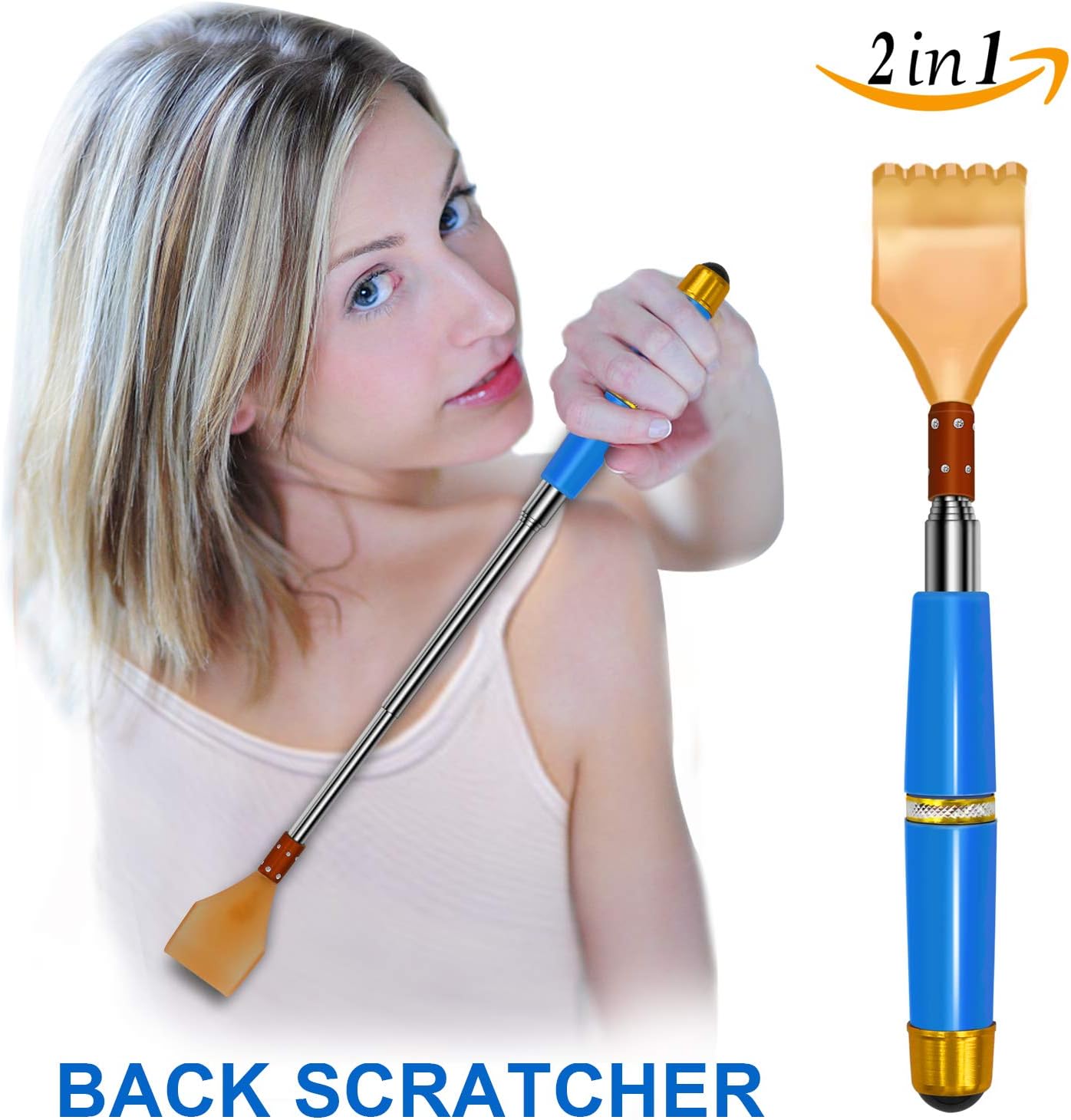 Back Scratcher with Extendable Rod 2 in 1 Massage Stick Handheld Body Shiatsu Massager Roller for Head,Shoulder,Hand,Knee,Foot - Blue