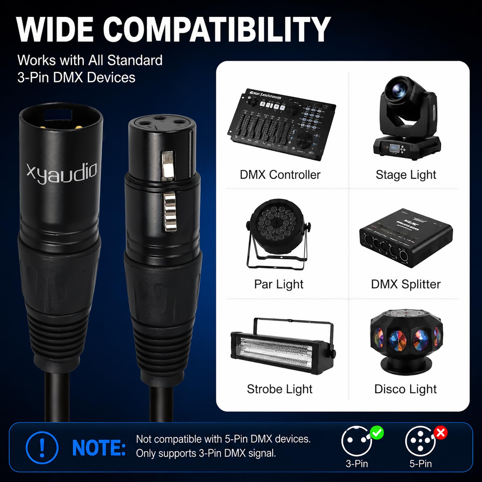 Lot de 4 câbles DMX vers DMX, XLR mâle vers femelle à 3 broches 110 Ohm, câble d'éclairage de scène DMX pour lumière DJ, têtes mobiles, boîtes PAR, variateur, 3 m