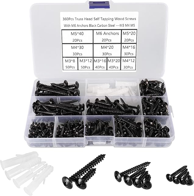 FandWay 360Pcs M3/M4/M5 Truss Head Wood Screws, Phillips Round Head Self Tapping Screws, Black Carbon Steel Mushroom Head Fasteners Drilling Screws Assortment Set With M6 Anchors.
