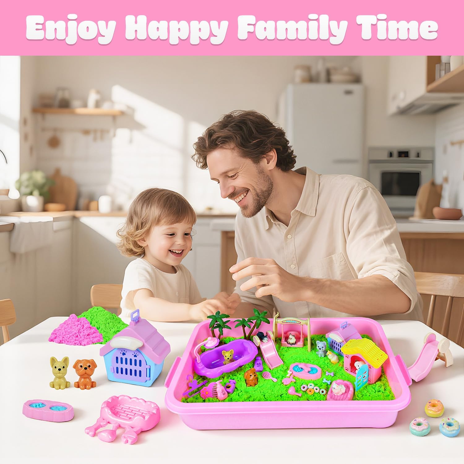 SMILESSKIDDO Sensory Bin - Cat and Dog Play Sand Kit with Green and Red Magic Sand, Pet Sensory Box, Role Pretend Play Beach Toy Birthday Present for Toddler Ages 3 4 5 6 7 8