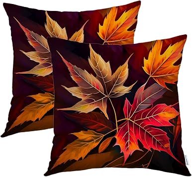 Batmerry Autumn Maple Leaves Throw Pillow Covers, Fiery Red Leaves Dark Background Decorative Pillow Covers Digital Printing Blended for Couch Sofa Bed Invisible Zipper 20X20 inSet of 2