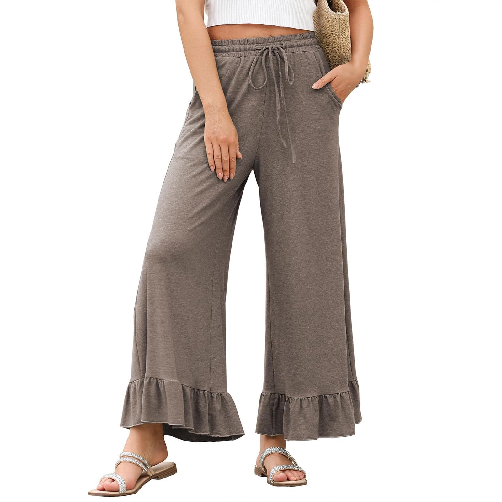 Wide Leg Pants Woman High Waisted Drawstring Ruffle Hem Palazzo Pants with Pockets Casual Elastic Waist Boho Flowy Beach Pants Plus Size Dress Pants Flared Yoga Pants for Women Summer Pants for Woman