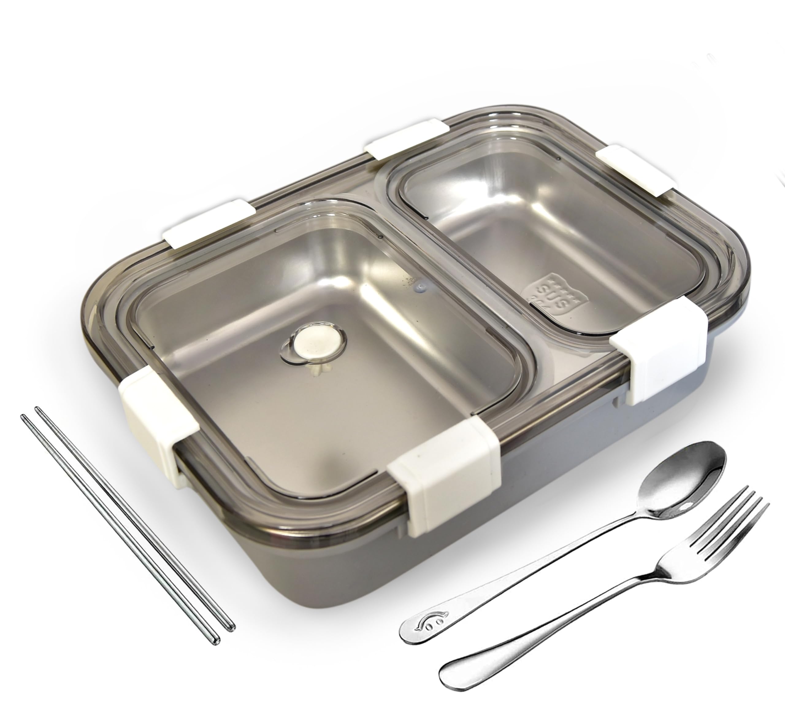 PRIME DEALS Lunch Box Sealed Leakage Proof Stainless Steel Lunch Box with Fork Chopstick&Spoon Lid Office Food Container for School Kids and Adults 750ml (Grey, 2 Compartment)