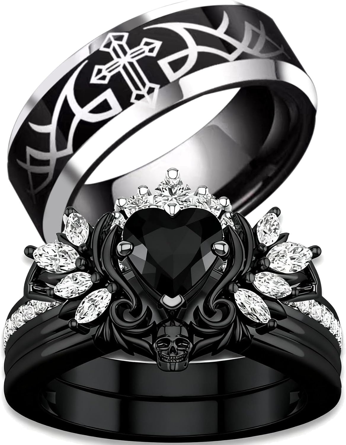 Punk Skull Rings Black Plated Couple Rings Cross Wings 1.5CT Heart Black CZ Wedding Ring Sets