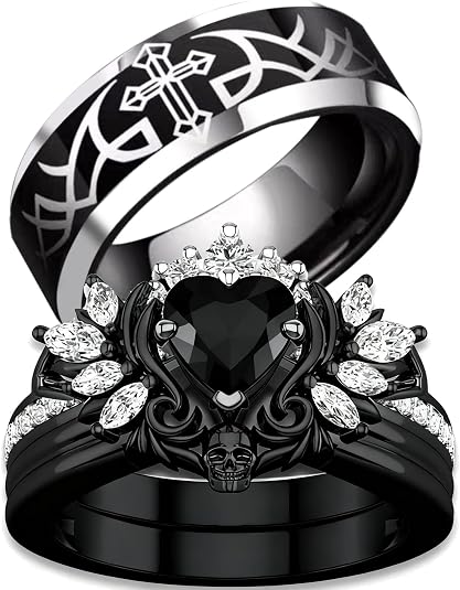 Punk Skull Rings Black Plated Couple Rings Cross Wings 1.5CT Heart Black CZ Wedding Ring Sets