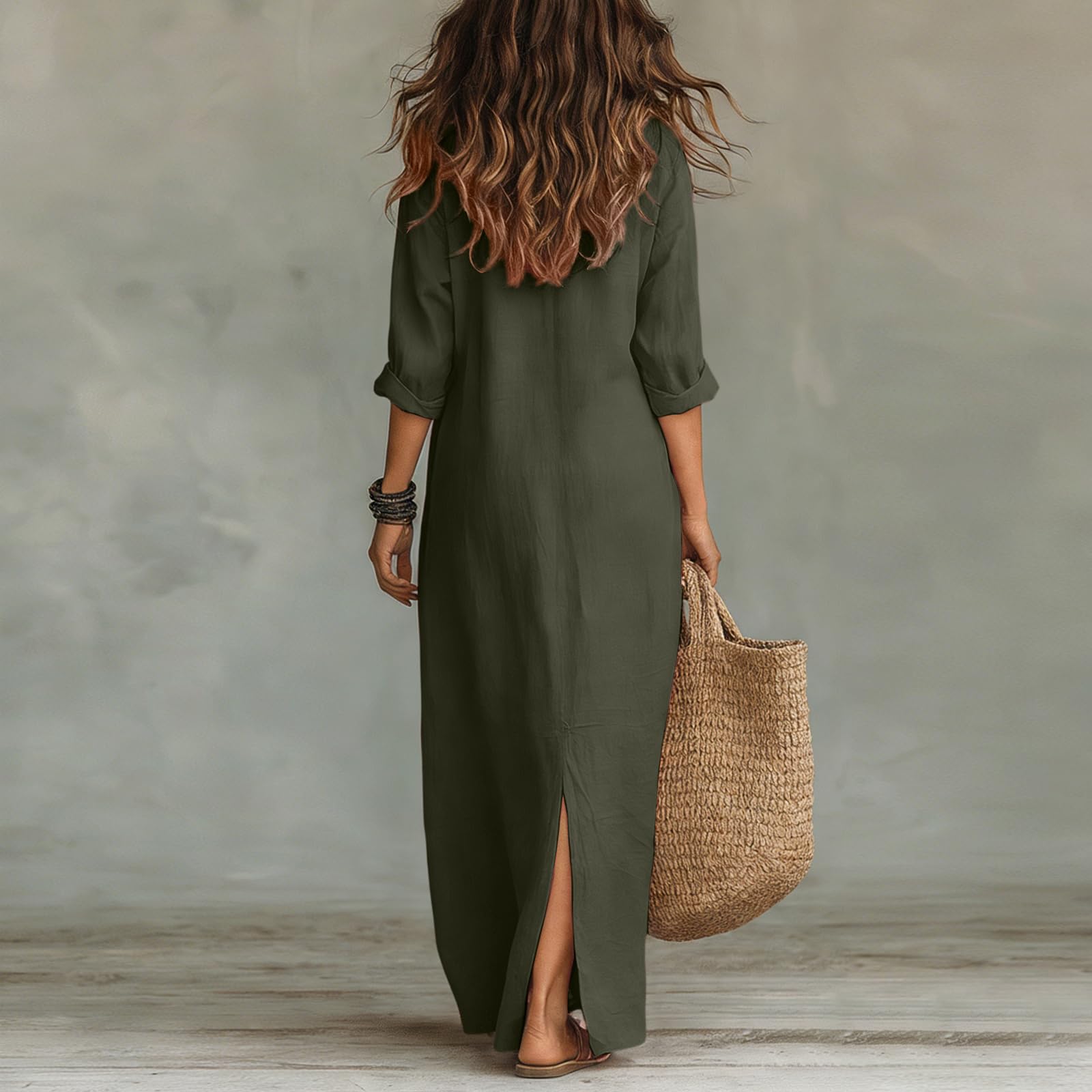 Ansenesna Blusenkleid Damen Langarm Elegant Sommerkleid Damen Lang Leicht Tunika Kleid Sommer Maxikleider mit Ärmel Strand Frühlingskleid Frauen V Ausschnitt Casual Hemdblusenkleid mit Schlitz