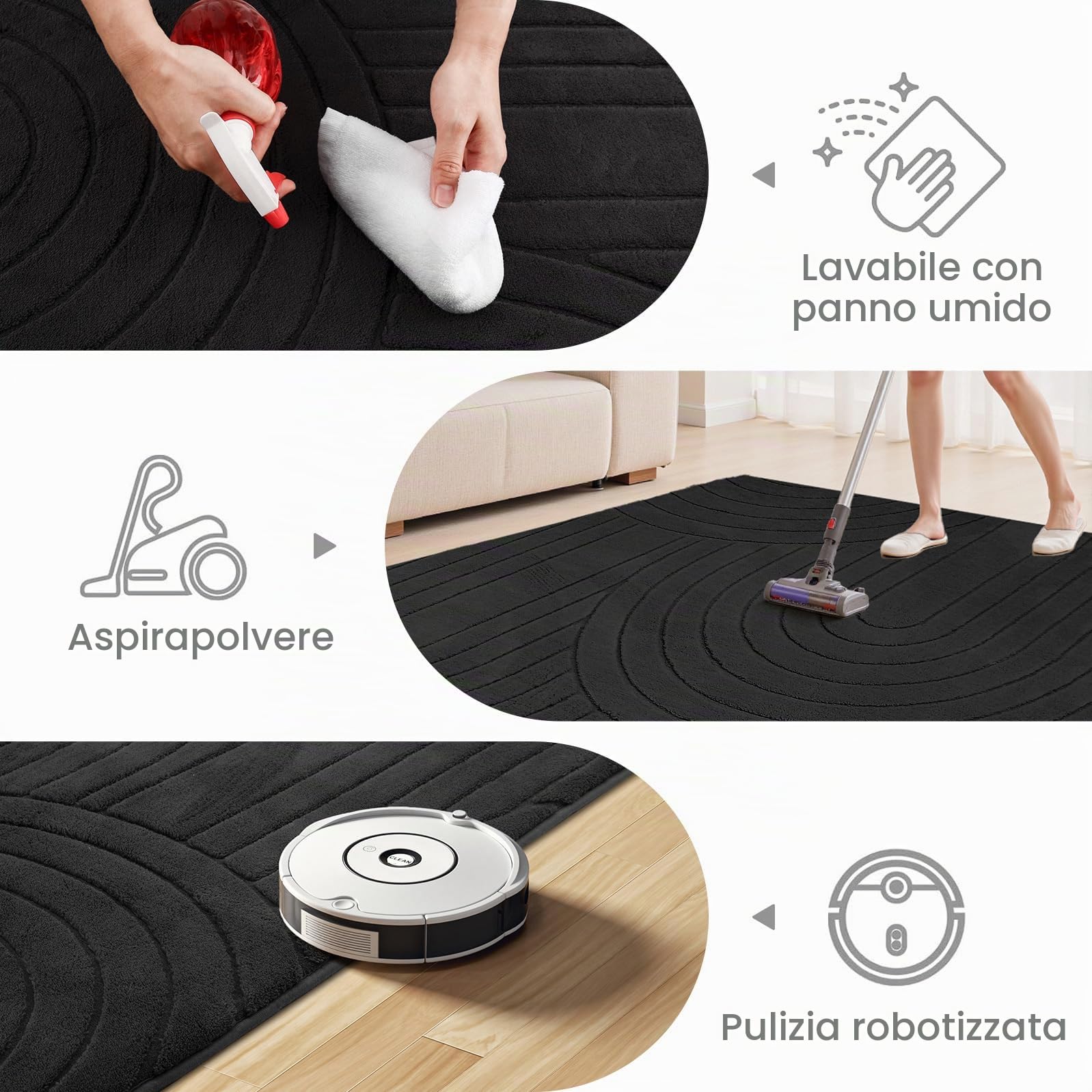 Sour Lemon Tappeto per soggiorno, 160 x 230 cm, motivo semicircolare 3D, nero, per camera da letto, extra large per soggiorno, lavabile in lavatrice, antiscivolo, a pelo corto, per camera dei bambini