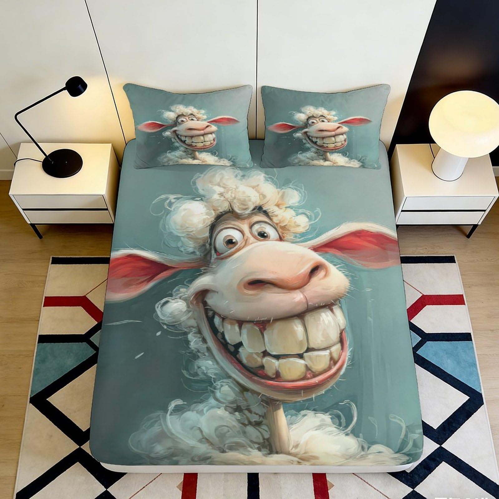 3D Printed Funny Sheep Cartoon Fitted Sheet Microfiber Anti-Slip Mattress Cover for Bedroom Dorm Easy Care Decorative 90x200x25cm