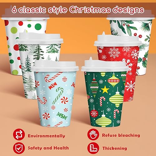 Miniatura 4 de 60 tazas de café de Navidad con tapas, vasos desechables de papel de café navideño de 16 onzas con tapa para bebidas, tazas de Navidad para beber,
