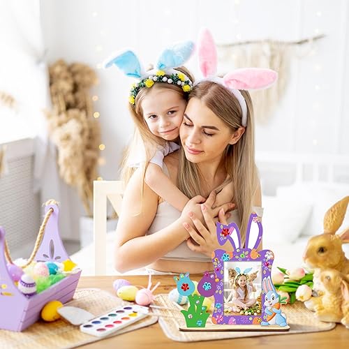 Miniatura 5 de RGISHOP Paquete de 4 manualidades de conejo de madera de Pascua para niños, marco de fotos de conejo de bricolaje, marco de fotos de madera sin