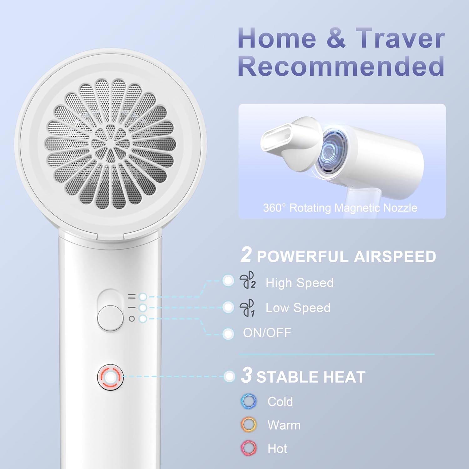 YAPOY Hair Dryer, 200 Million Ionic Blow Dryer, 110,000 RPM Fast Drying, Reduced Frizz, Intelligent Thermo-Control, Low Noise, Lightweight for Adult/Children/Dog, Home/Hotel/RV/Travel - Image 5