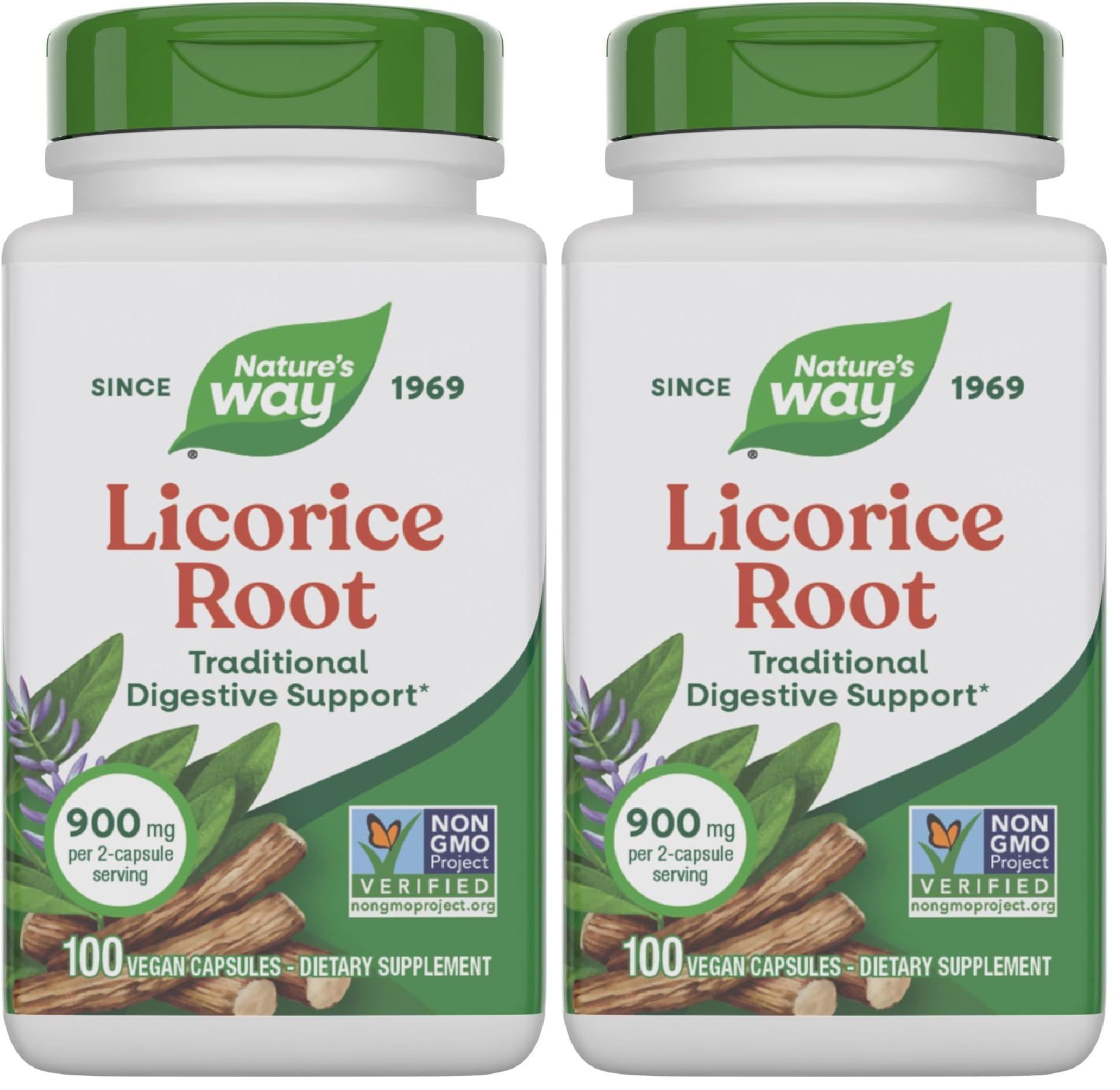 Nature's Way Licorice Root,Traditional Digestive Support Supplement*,900 mg per 2-Capsule Serving,Non-GMO Project Verified,100 Vegan Capsules (Packaging May Vary),(Pack of 2) 100 Count (Pack of 2)
