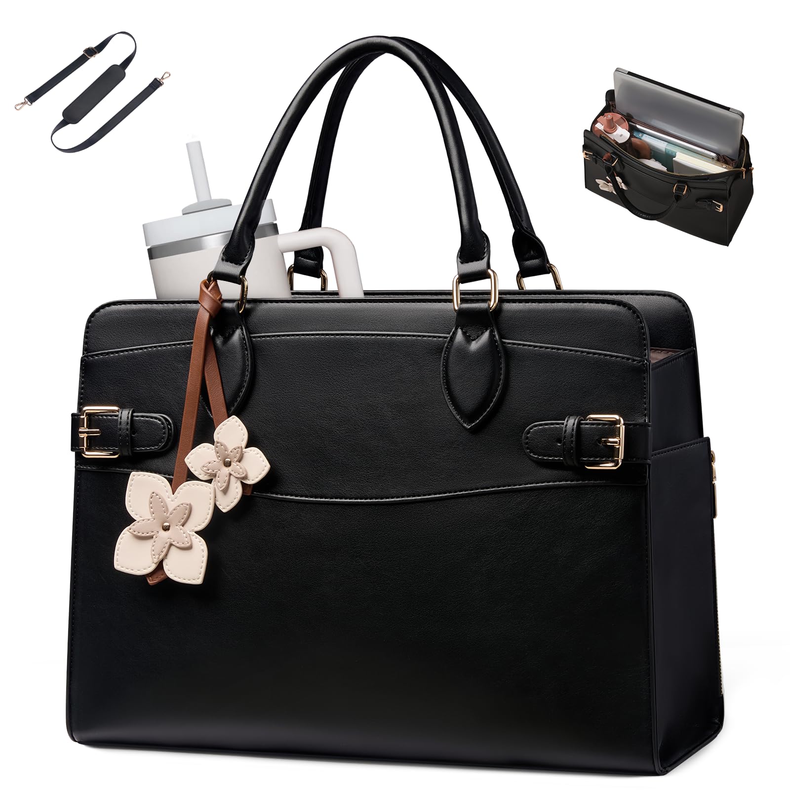 LOVEVOOK Handtasche Damen, 15,6 Zoll Laptoptasche Arbeitstasche Elegant | Schultertasche Shopper Uni Tasche Groß, PU Leder Tote Bag Aktentasche Lehrertasche für Business Schule Büro Arbeit, Schwarz