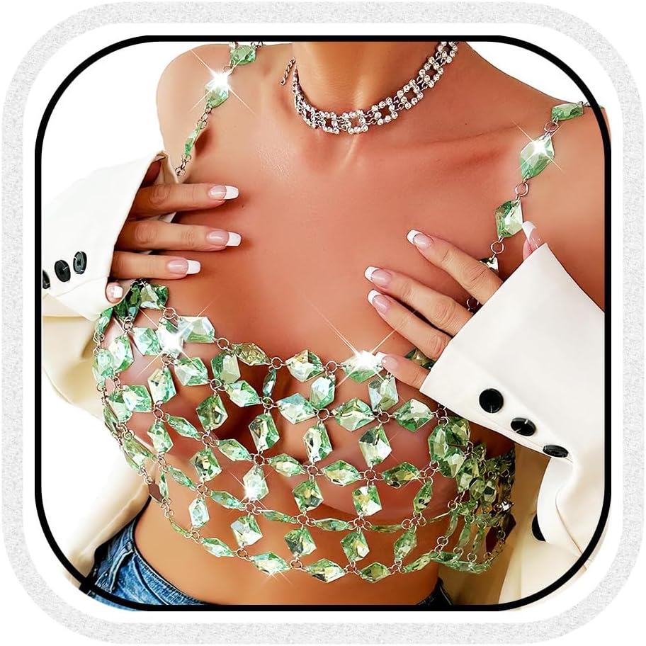BODIY Crystal Body Chain Top Rhinestone Chain Bra Silver Halter Chain Top Sparkly Body Jewelry for Women