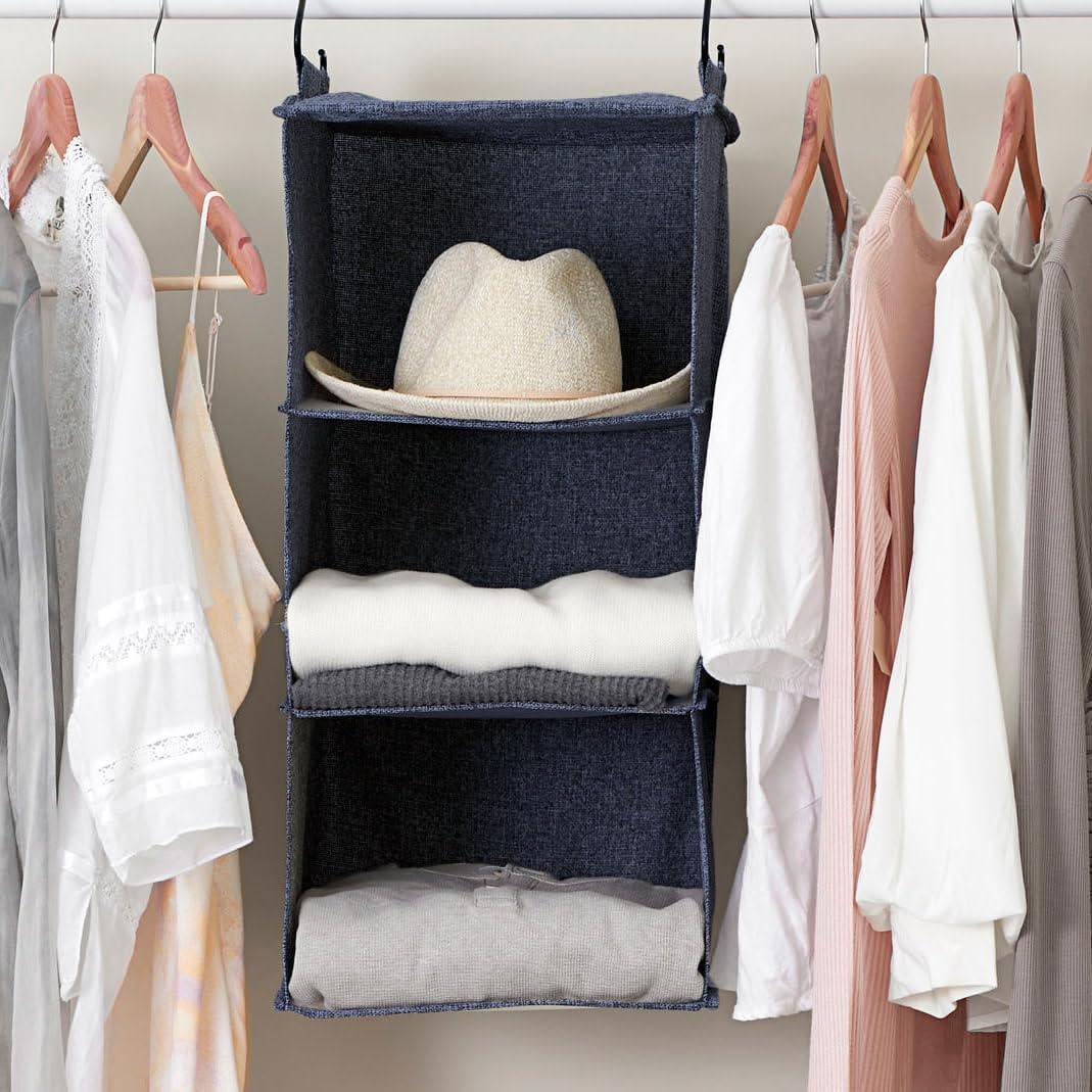 Denim Cotton Blend Hanging Closet Organizer with 3 Shelves