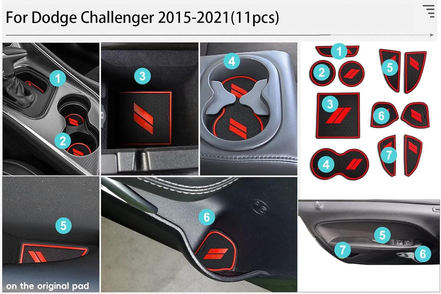 Auovo Anti-dust Mats for Challenger Accessories 2015-2023 Custom Interior Cup Holder Inserts Door Pocket Center Console Liners (Red, 11pcs/kit)