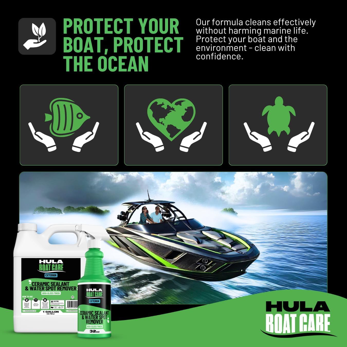 Hula Water Spot Remover Eco Bundle – 32oz Spray Bottle and 1 Gallon Refill | Exterior Boat Cleaner Spray with Ceramic Coating for Added Protection | High-Gloss Finish | Made in USA (32 oz)