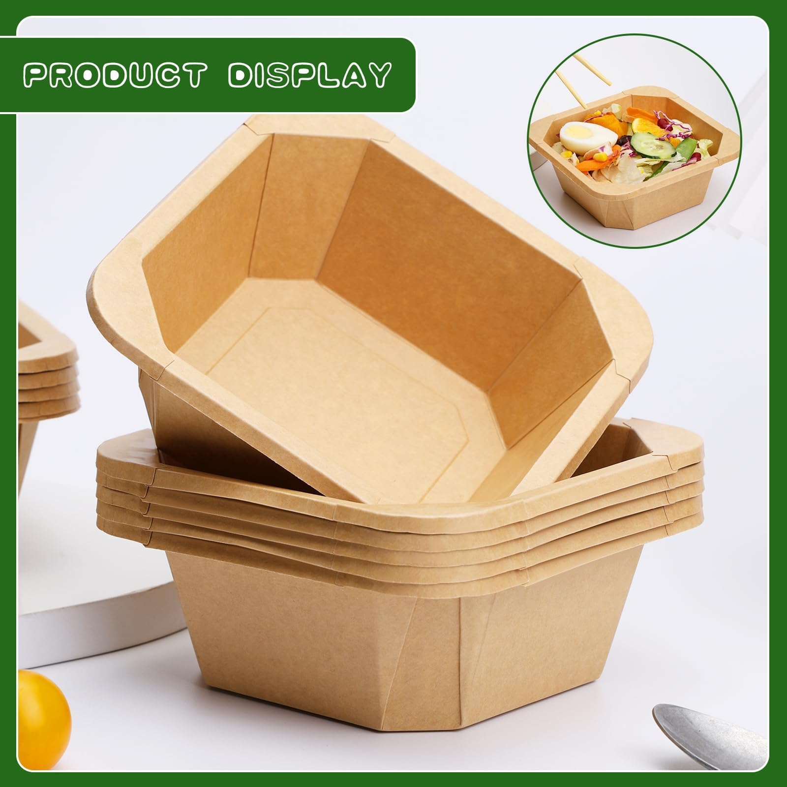 Paquete de 50 recipientes desechables de papel para ensalada de 25 onzas, recipientes desechables octogonales con tapas transparentes, cuencos de ensalada de papel con tapa adecuados para ensalada de
