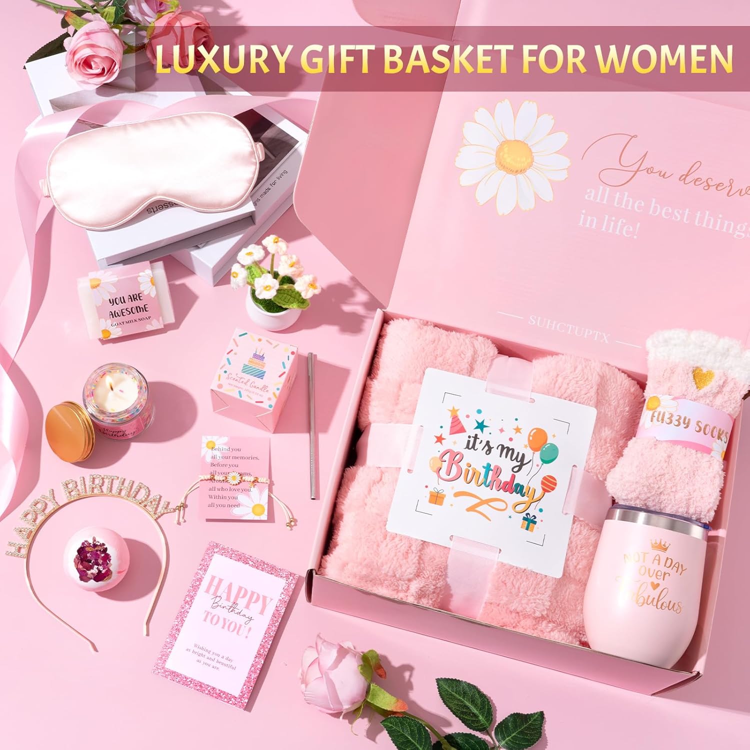 Birthday Gifts for Women, 12pcs Happy Birthday Gift Basket for Women Unique Gifts Set Ideas Relaxing Birthday Box w/ Blanket for Her Mom Best Friends Female Sister Her Friendship(pink) - Image 2