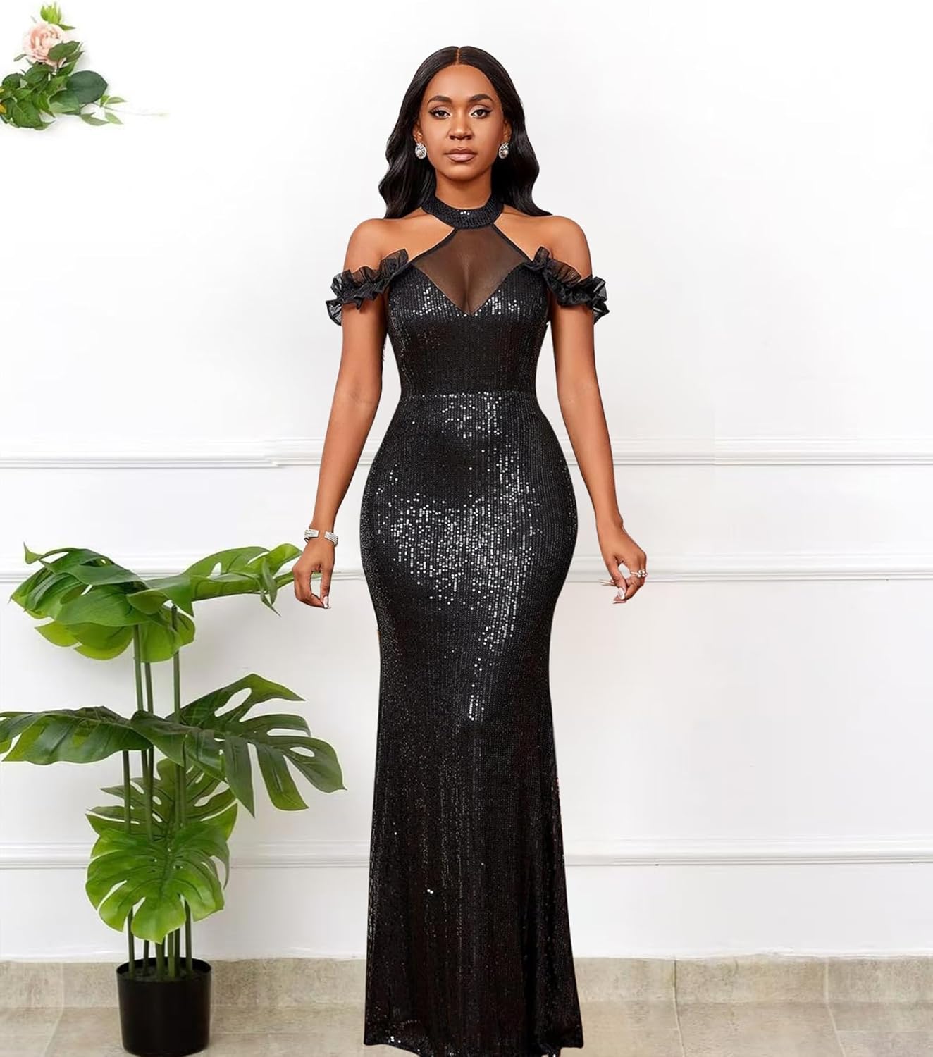 Cololura Women Sexy Sequin Halter Neck Short Sleeve Mesh Perspective Party Bodycon Evening Cocktail Maxi Dress - Image 2