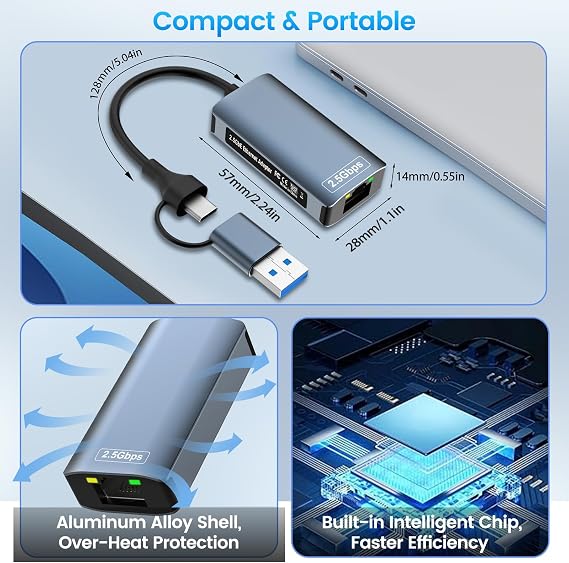 USB Ethernet Adapter 2500Mbps,2 in 1 USB C Ethernet Adapter,USB C Adapter EtherNet RJ45 2.5Gbps,eTher Net USB Adapter,U Sb c ether net for MacBook,iPad,iPhone,Surface,Windows,Mac,IOS,Linux