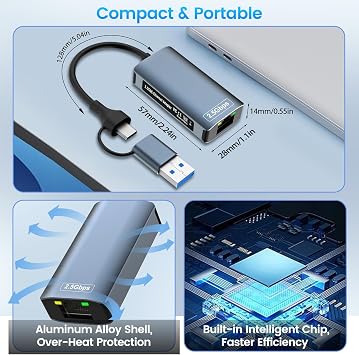 USB Ethernet Adapter 2500Mbps,2 in 1 USB C Ethernet Adapter,USB C Adapter EtherNet RJ45 2.5Gbps,eTher Net USB Adapter,U Sb c ether net for MacBook,iPad,iPhone,Surface,Windows,Mac,IOS,Linux
