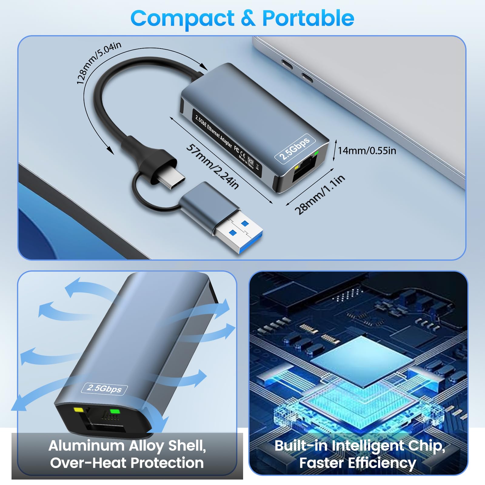 Adapter USB Ethernet 2500 Mbps,2 w 1 USB C Ethernet Adapter 2,5 Gbps USb C Ethernet, adapter USb eTher net, U Sb c ether net do MacBooka, iPada, iPhone,Surface, Windows, Mac, iOS, Linux