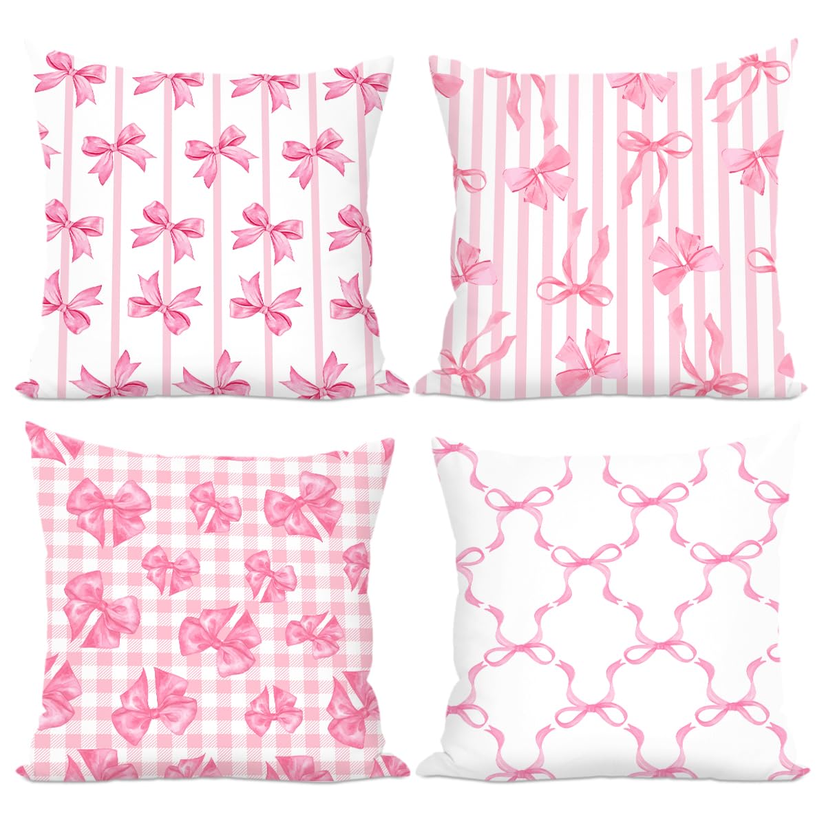 4Pcs Pink Bow Pillow Covers 18x18 Inch Pink Stripes Throw Pillow Covers with Square Pillowcases Grid Bow Pillows