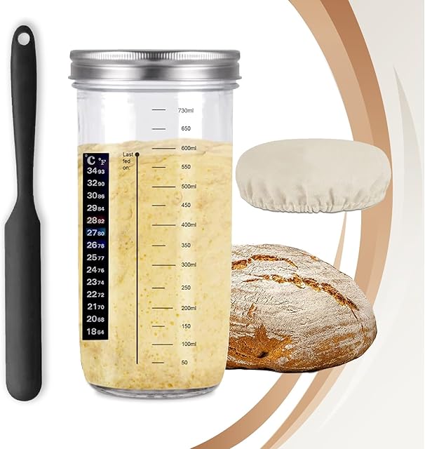 G&B Commerce Sourdough Starter Jar Kit Lid Set, 25 Oz, 730ml Glass Round Jar, Silicone Scraper, Cloth Cover, Thermometer Design, Bread Fermentation, Flour jar, All Flours