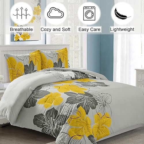 Miniatura 2 de DJY Juego de funda de edredón de 3 piezas, tamaño King, funda de edredón floral amarilla, elegante funda de edredón floral con 2 fundas de almohada,